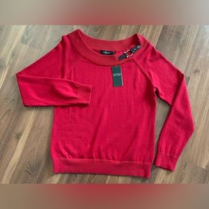NWT Lauren Ralph Lauren SOLID RED Black Leather Sweater Women Size Large NEW‎